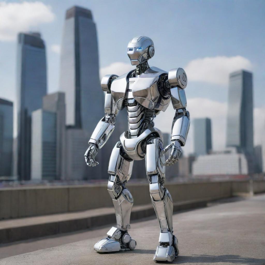 An incredibly detailed and futuristic robot in a polished silver finish standing against an urban city backdrop.