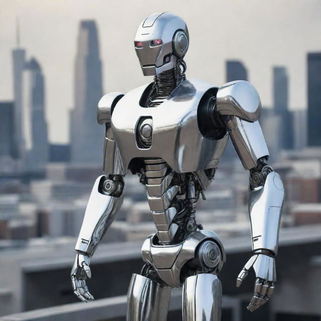 An incredibly detailed and futuristic robot in a polished silver finish standing against an urban city backdrop.