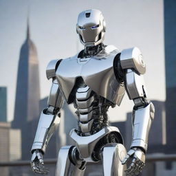 An incredibly detailed and futuristic robot in a polished silver finish standing against an urban city backdrop.