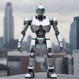 An incredibly detailed and futuristic robot in a polished silver finish standing against an urban city backdrop.