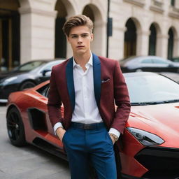 A well-dressed, trendy teenager with an assortment of high-end designer accessories, standing in front of a luxury sports car in an opulent city environment.