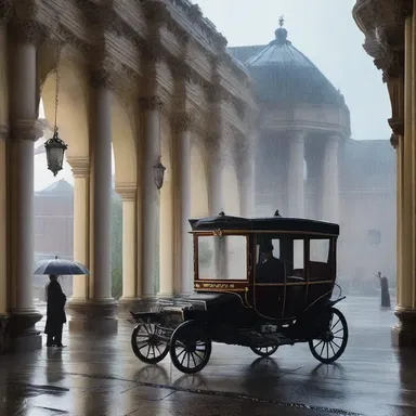 As the protagonist stepped out of the carriage, the rain poured outside the porte-cochere, creating a sense of mystery and foreshadowing in the story.