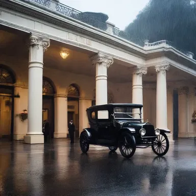 As the protagonist stepped out of the carriage, the rain poured outside the porte-cochere, creating a sense of mystery and foreshadowing in the story.