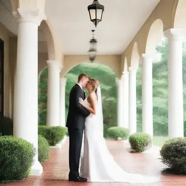 Under the porte-cochere's elegant canopy, the couple shared a passionate kiss, shielded from the raindrops that fell around them.