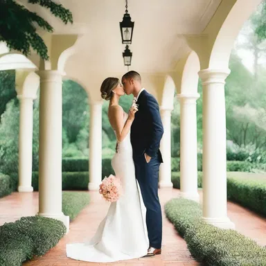 Under the porte-cochere's elegant canopy, the couple shared a passionate kiss, shielded from the raindrops that fell around them.