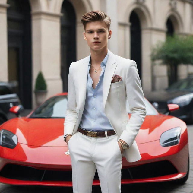 A well-dressed, trendy teenager with an assortment of high-end designer accessories, standing in front of a luxury sports car in an opulent city environment.