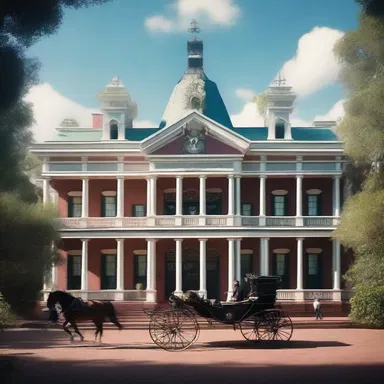 In the opening scene of the movie, a horse-drawn carriage dramatically passes through the grand porte-cochere of the haunted mansion.