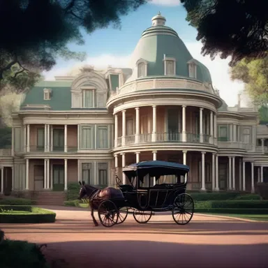 In the opening scene of the movie, a horse-drawn carriage dramatically passes through the grand porte-cochere of the haunted mansion.