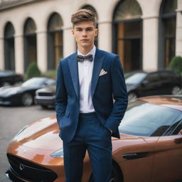 A well-dressed, trendy teenager with an assortment of high-end designer accessories, standing in front of a luxury sports car in an opulent city environment.