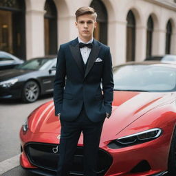 A well-dressed, trendy teenager with an assortment of high-end designer accessories, standing in front of a luxury sports car in an opulent city environment.