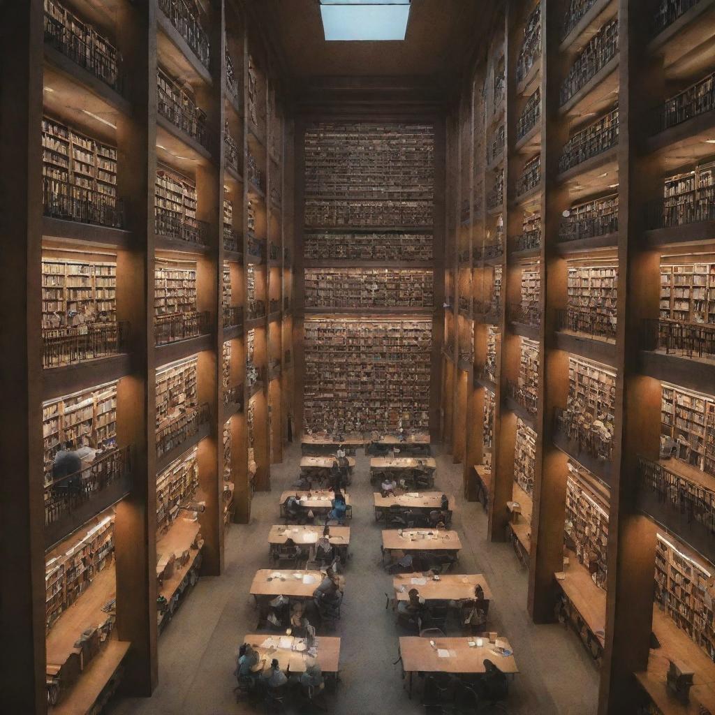 A group of focused students intensely studying in a well-lit, quiet university library section, surrounding by towering bookshelves filled with a multitude of books of every genre.