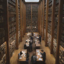 A group of focused students intensely studying in a well-lit, quiet university library section, surrounding by towering bookshelves filled with a multitude of books of every genre.