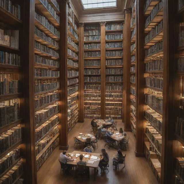 A group of focused students intensely studying in a well-lit, quiet university library section, surrounding by towering bookshelves filled with a multitude of books of every genre.