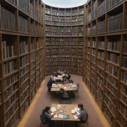 A group of focused students intensely studying in a well-lit, quiet university library section, surrounding by towering bookshelves filled with a multitude of books of every genre.