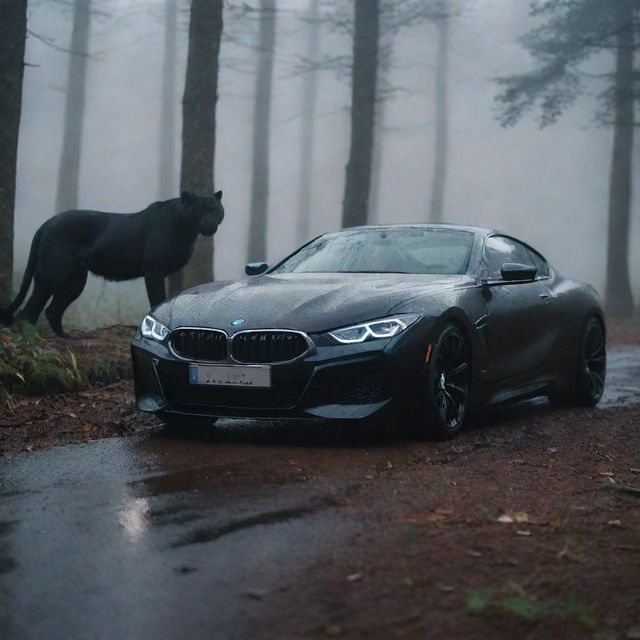 A sleek, shiny BMW car and an intimidating black panther side by side in a misty forest setting at dusk.