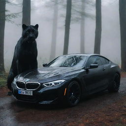 A sleek, shiny BMW car and an intimidating black panther side by side in a misty forest setting at dusk.