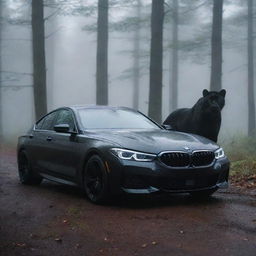 A sleek, shiny BMW car and an intimidating black panther side by side in a misty forest setting at dusk.