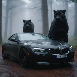 A sleek, shiny BMW car and an intimidating black panther side by side in a misty forest setting at dusk.