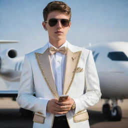 A teenager exuding extreme wealth, decked out in the most exclusive designer gear, brandishing a diamond-encrusted smart phone, standing beside a gold-plated private jet on a tarmac.