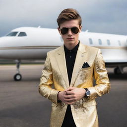 A teenager exuding extreme wealth, decked out in the most exclusive designer gear, brandishing a diamond-encrusted smart phone, standing beside a gold-plated private jet on a tarmac.