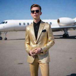 A teenager exuding extreme wealth, decked out in the most exclusive designer gear, brandishing a diamond-encrusted smart phone, standing beside a gold-plated private jet on a tarmac.