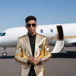 A teenager exuding extreme wealth, decked out in the most exclusive designer gear, brandishing a diamond-encrusted smart phone, standing beside a gold-plated private jet on a tarmac.