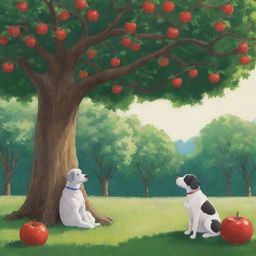 Studio Ghibli style illustration of a dog sitting under an apple tree with its owner named Lila. Both enjoying the calm environment, surrounded by lush nature.