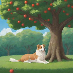 Studio Ghibli style illustration of a dog sitting under an apple tree with its owner named Lila. Both enjoying the calm environment, surrounded by lush nature.