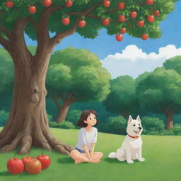 Studio Ghibli style illustration of a dog sitting under an apple tree with its owner named Lila. Both enjoying the calm environment, surrounded by lush nature.