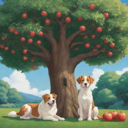 Studio Ghibli style illustration of a dog sitting under an apple tree with its owner named Lila. Both enjoying the calm environment, surrounded by lush nature.