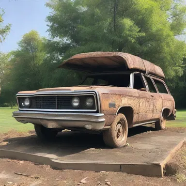 The artist created a fascinating sculpture using an old station wagon, transforming it into a thought-provoking art installation that represents freedom and exploration.