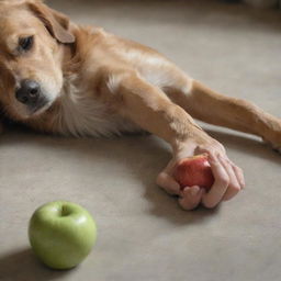 Close-up realistic image of a woman named Lila's hand reaching for an apple, with a dog named Jasper's paw gently resting on her leg, offering support. The scene is filled with rich details and beauty.