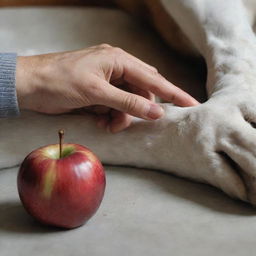 Close-up realistic image of a woman named Lila's hand reaching for an apple, with a dog named Jasper's paw gently resting on her leg, offering support. The scene is filled with rich details and beauty.