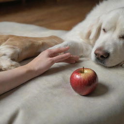 Close-up realistic image of a woman named Lila's hand reaching for an apple, with a dog named Jasper's paw gently resting on her leg, offering support. The scene is filled with rich details and beauty.