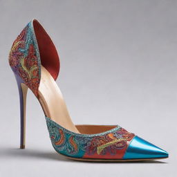 A stylish and sleek shoe with intricate design details, rendered in vibrant colors