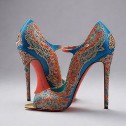 A stylish and sleek shoe with intricate design details, rendered in vibrant colors