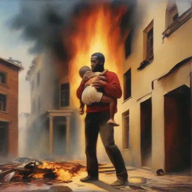 The painting depicts a brave saver rescuing a child from a burning building.
