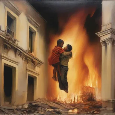 The painting depicts a brave saver rescuing a child from a burning building.