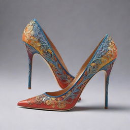 A stylish and sleek shoe with intricate design details, rendered in vibrant colors