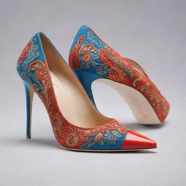 A stylish and sleek shoe with intricate design details, rendered in vibrant colors