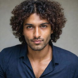 A handsome Indian man with curly hair and dark complexion.