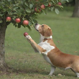 Realistic close-up of Lila reaching for an apple, with her dog Jasper's paw lightly resting on her leg under an apple tree, symbolizing companionship and support.