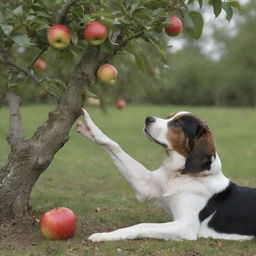 Realistic close-up of Lila reaching for an apple, with her dog Jasper's paw lightly resting on her leg under an apple tree, symbolizing companionship and support.