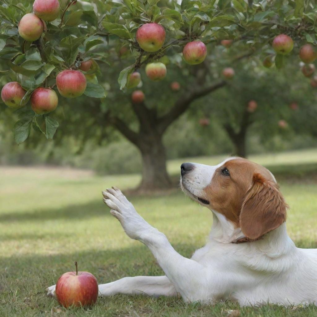 Realistic close-up of Lila reaching for an apple, with her dog Jasper's paw lightly resting on her leg under an apple tree, symbolizing companionship and support.