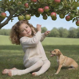 Realistic close-up of Lila reaching for an apple, with her dog Jasper's paw lightly resting on her leg under an apple tree, symbolizing companionship and support.