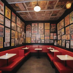 A coffee shop interior designed with inspiration from Quentin Tarantino movies, adorned with numerous 80s themed posters.