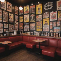 A coffee shop interior designed with inspiration from Quentin Tarantino movies, adorned with numerous 80s themed posters.