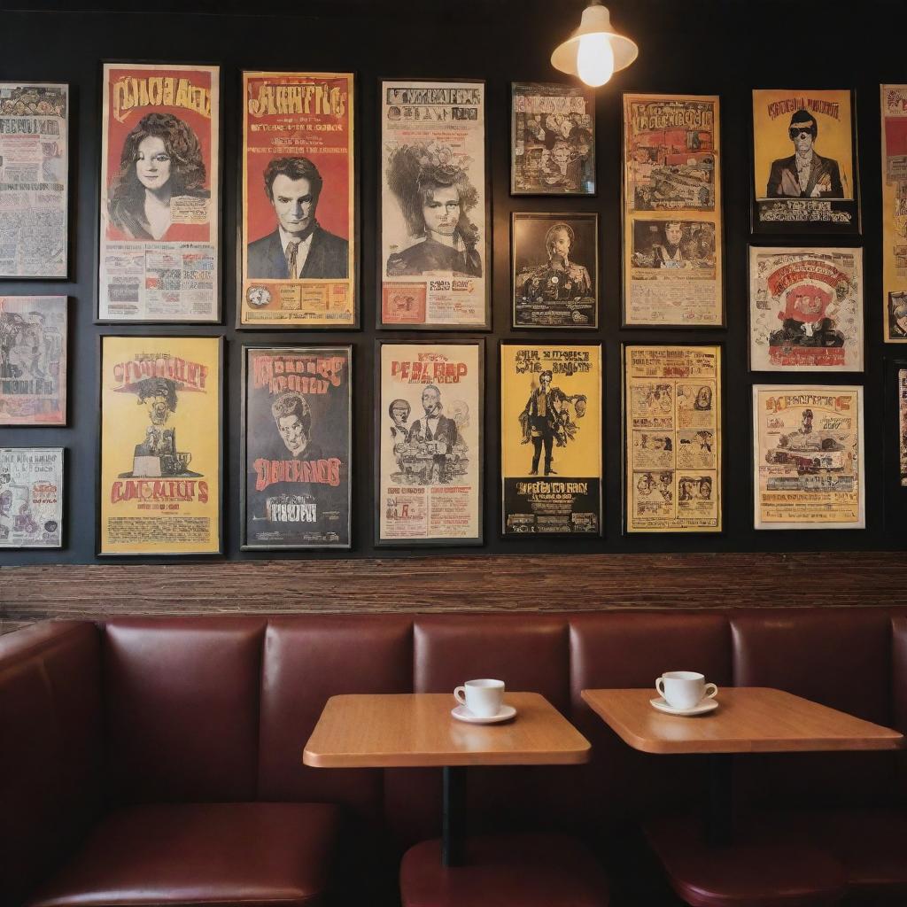 A coffee shop interior designed with inspiration from Quentin Tarantino movies, adorned with numerous 80s themed posters.