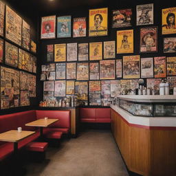 A coffee shop interior designed with inspiration from Quentin Tarantino movies, adorned with numerous 80s themed posters.