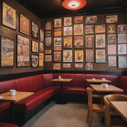 A coffee shop interior designed with inspiration from Quentin Tarantino movies, enhanced with numerous 80s themed posters and furnished to evoke a cozy atmosphere.